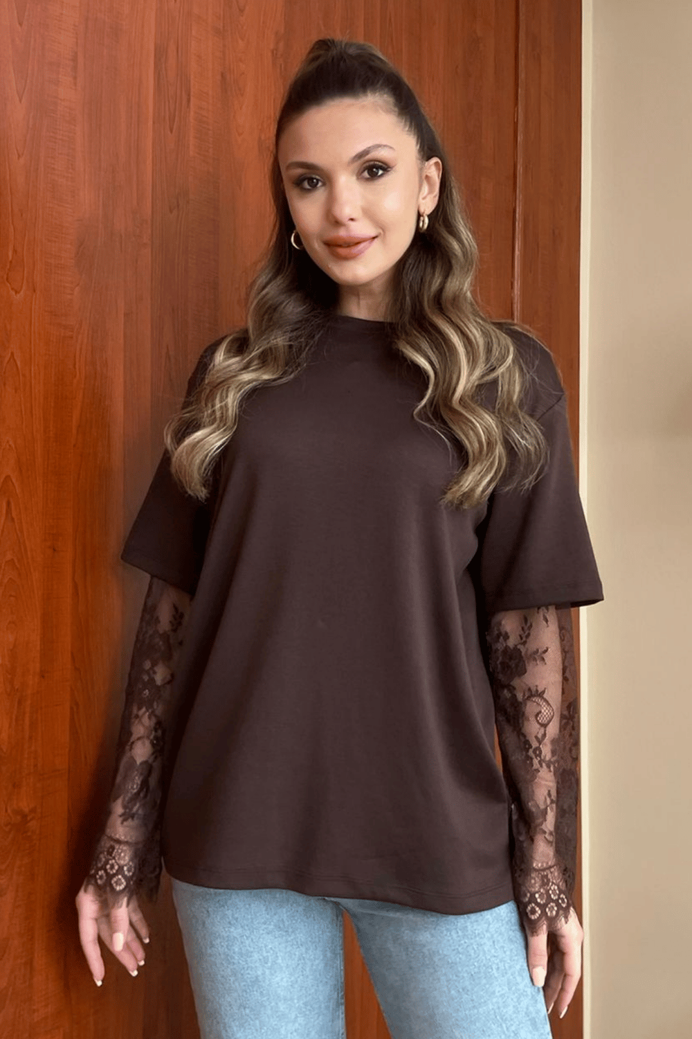 Dantel Kollu T-Shirt - KAHVERENGİ