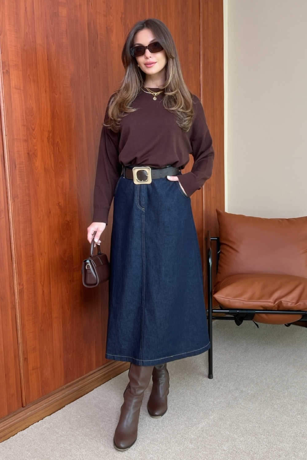 Denim Kemerli Etek - Lacivert