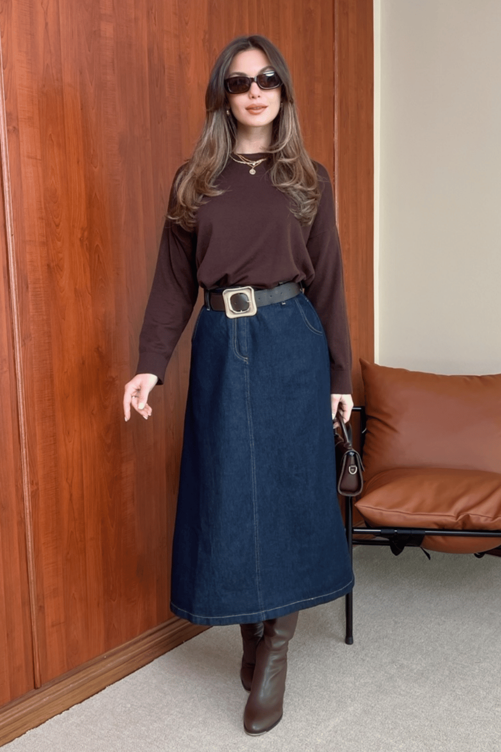 Denim Kemerli Etek - Lacivert