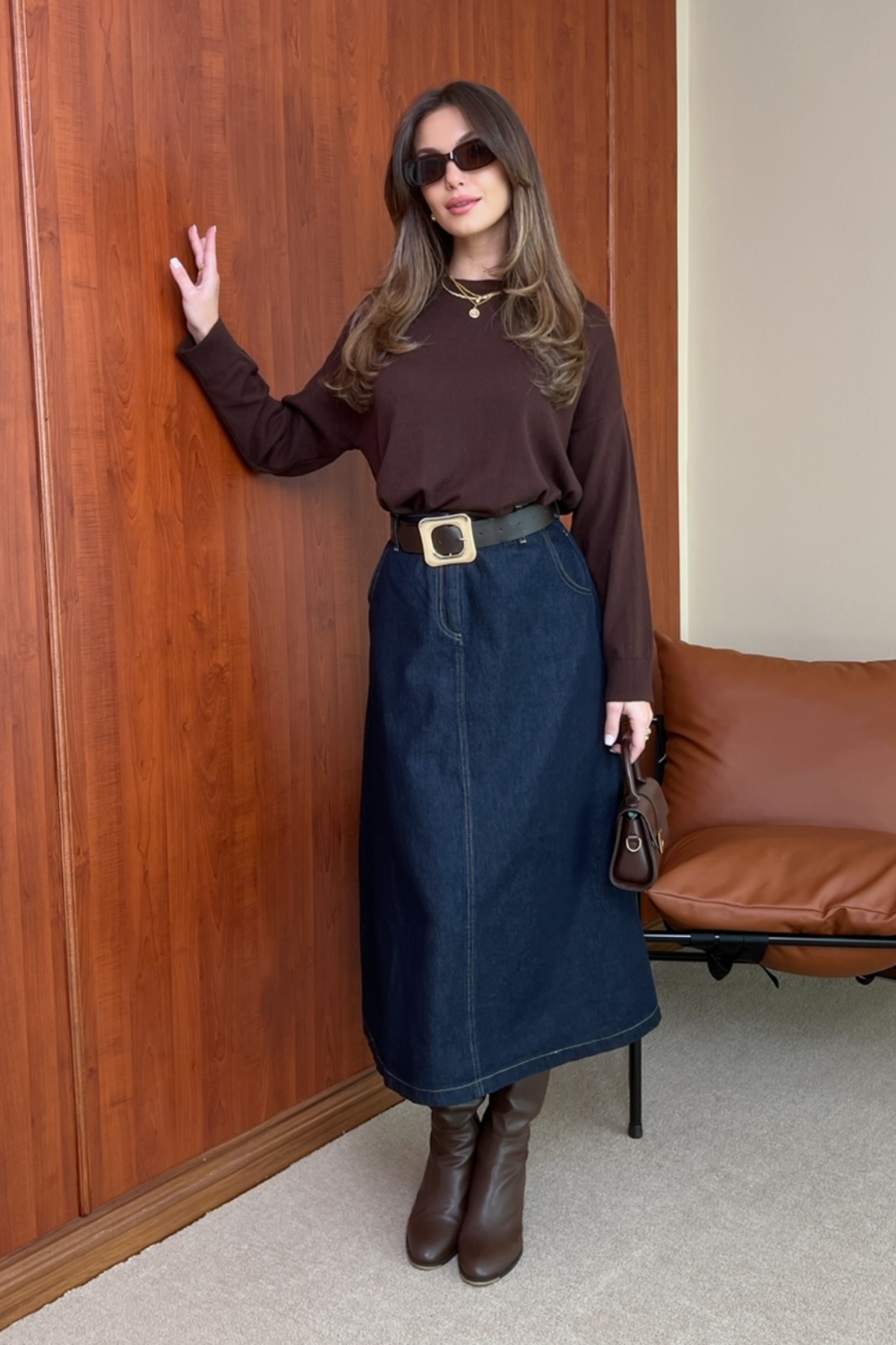 Denim Kemerli Etek - Lacivert