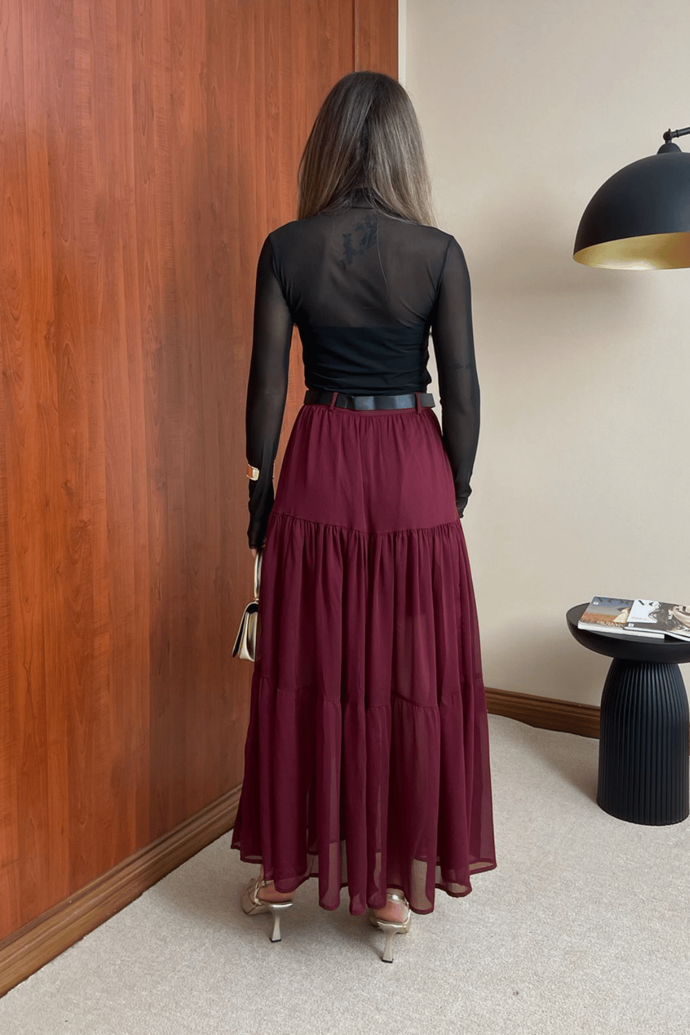 Düğmeli Şifon Etek - BORDO