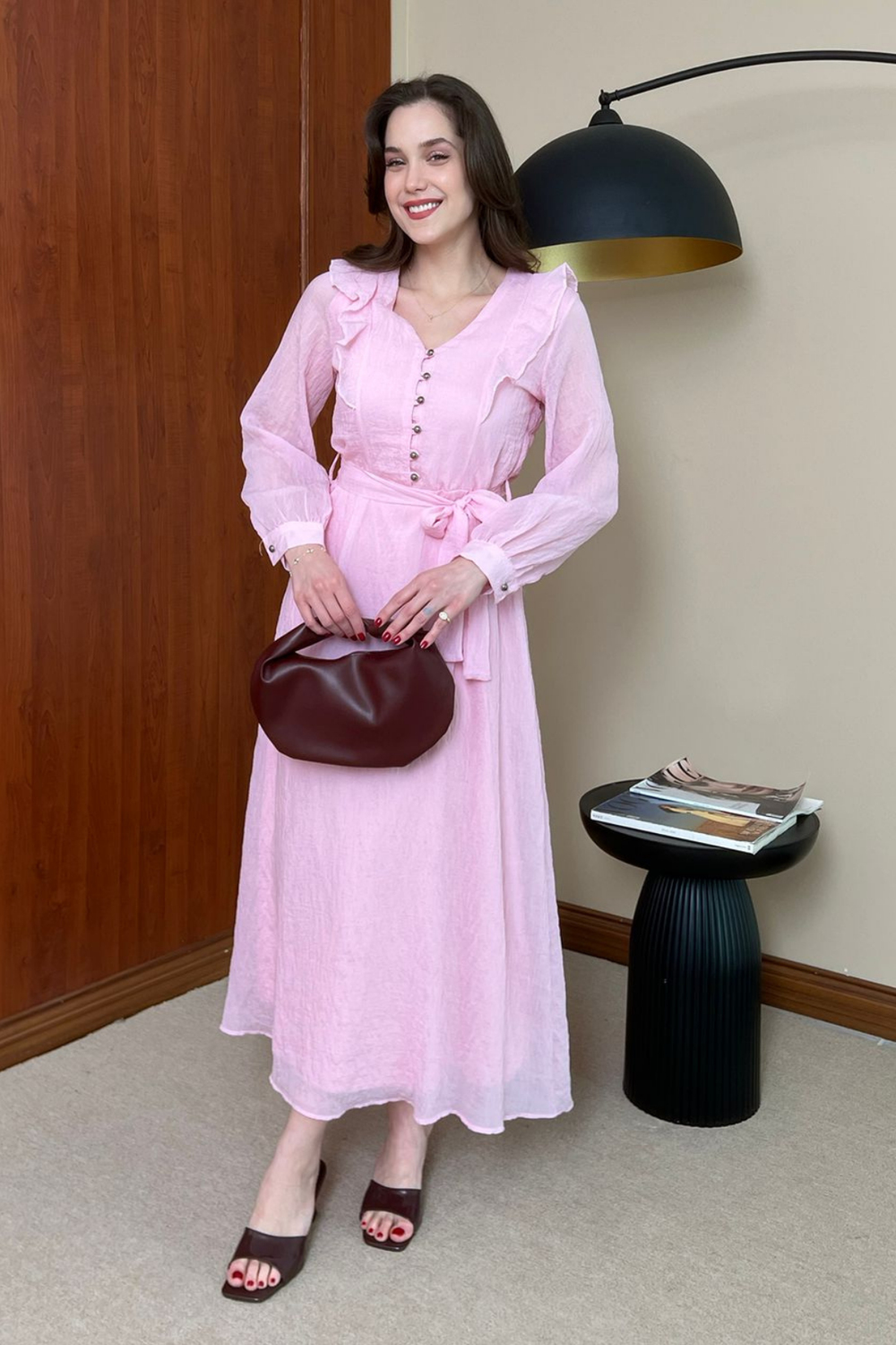 Gümüş Düğmeli Elbise - PEMBE