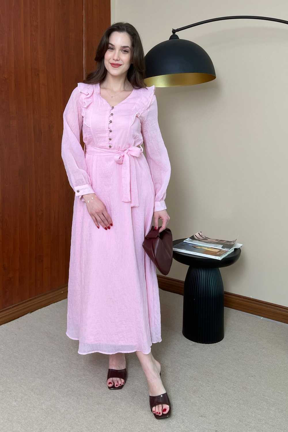 Gümüş Düğmeli Elbise - PEMBE