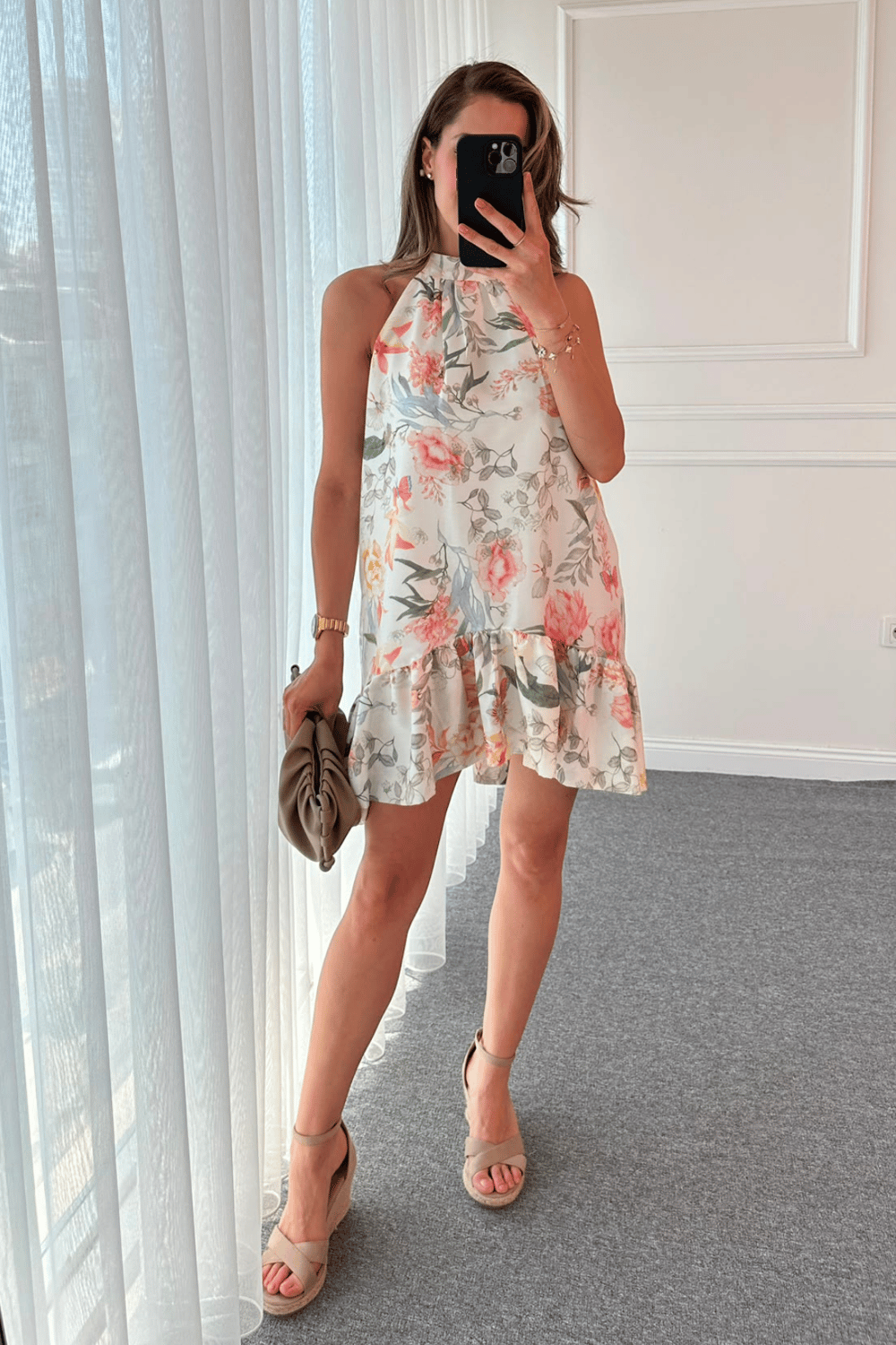 Halter Yaka Mini Elbise - BEYAZ