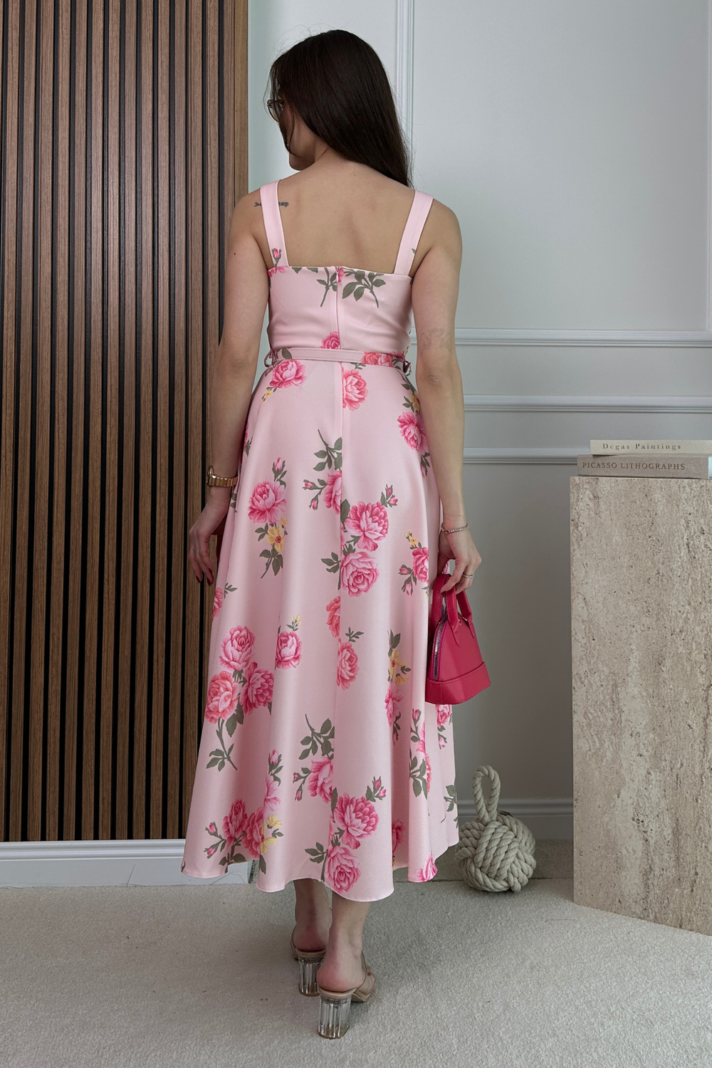 Kemerli Desenli Elbise - PEMBE