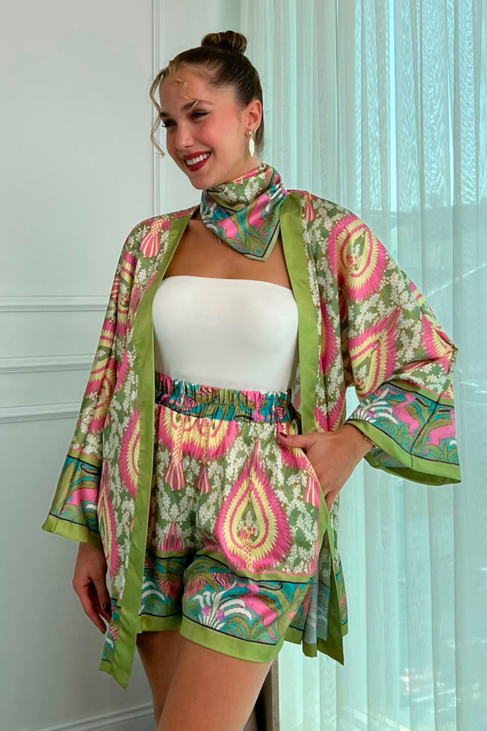 Kimonolu Saten Takım - YEŞİL