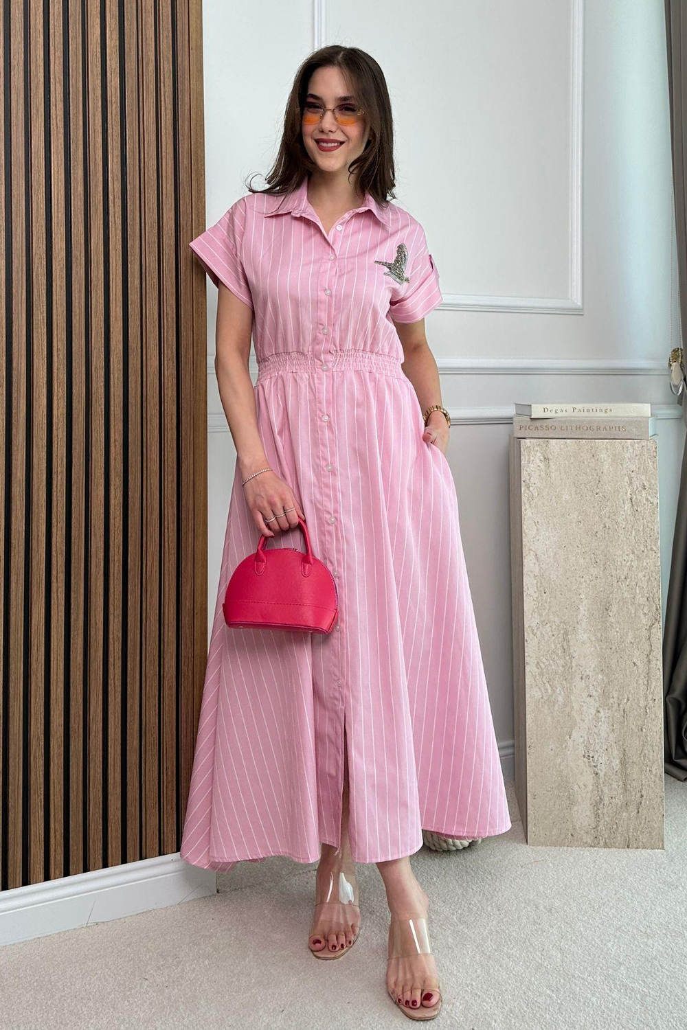 Kuş İşleme Gömlek Elbise - PEMBE