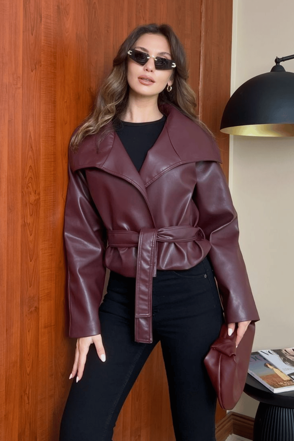 Kuşaklı Deri Ceket - BORDO