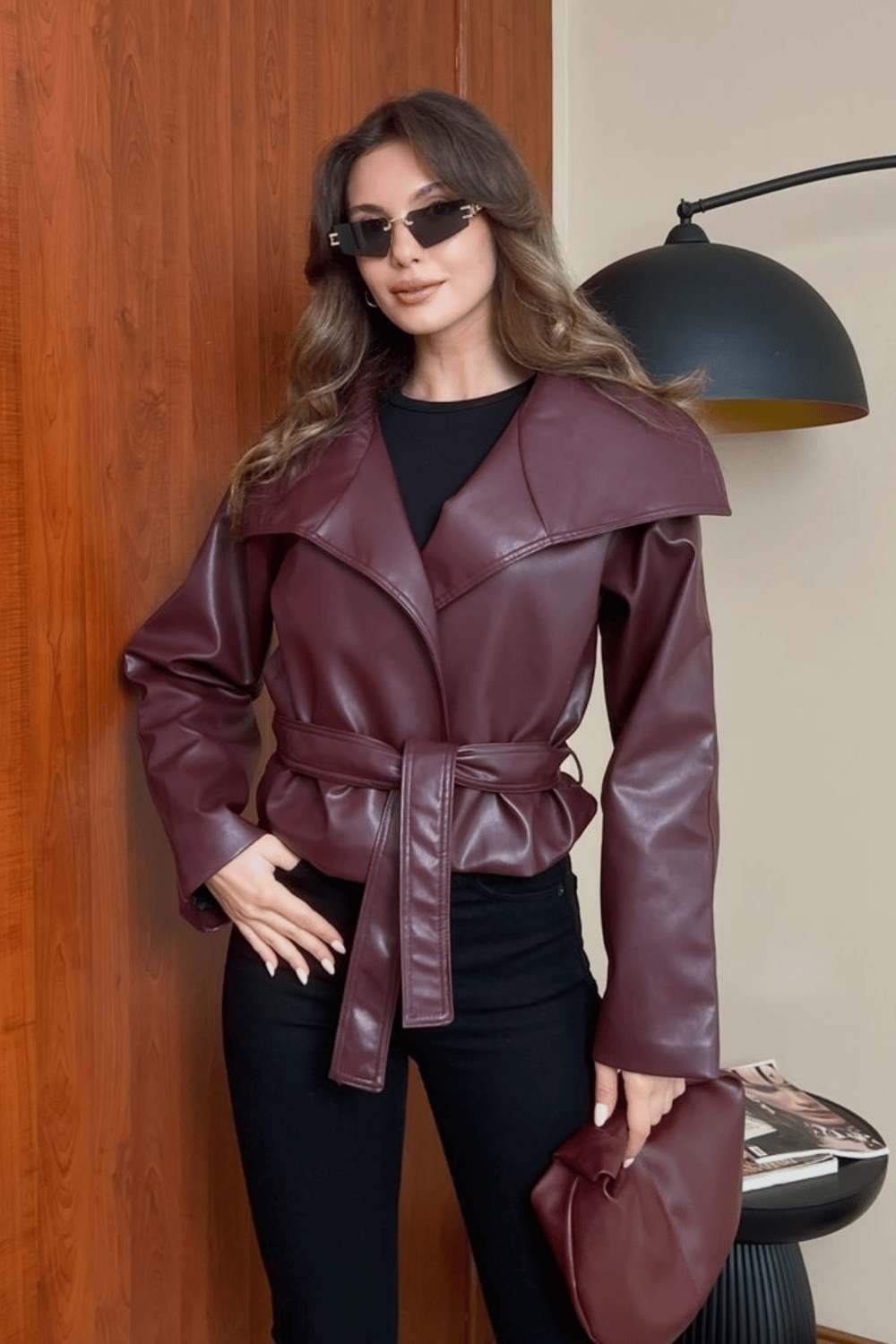Kuşaklı Deri Ceket - BORDO