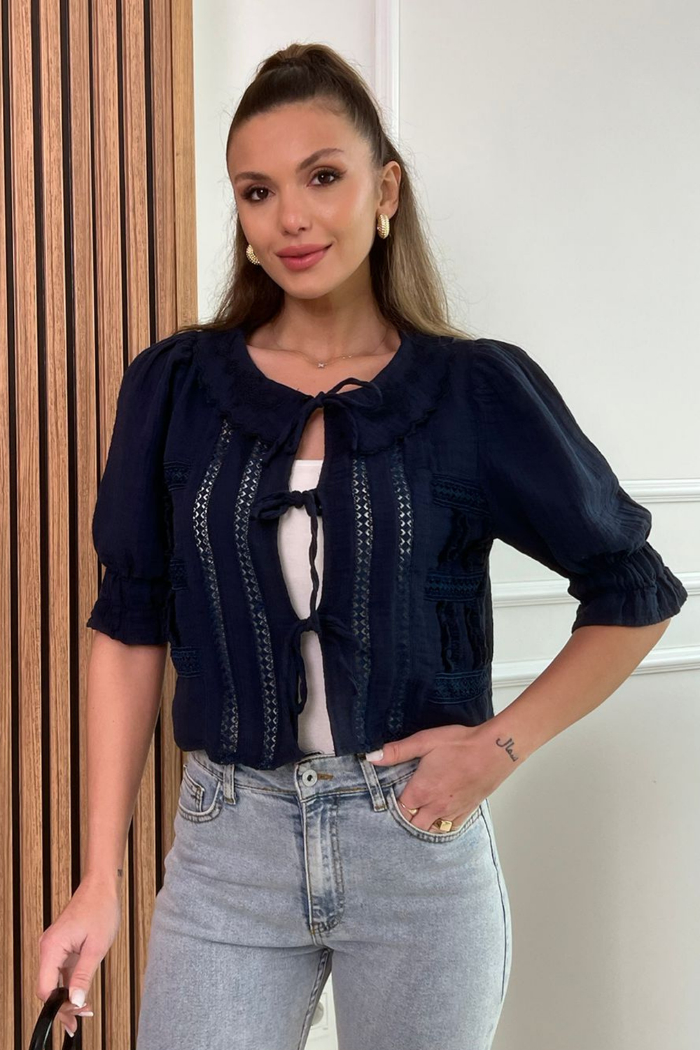 Müslin Crop Bluz - LACİVERT