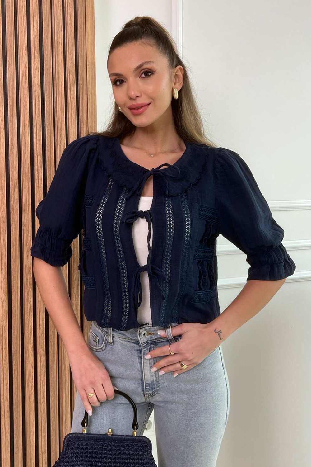 Müslin Crop Bluz - LACİVERT