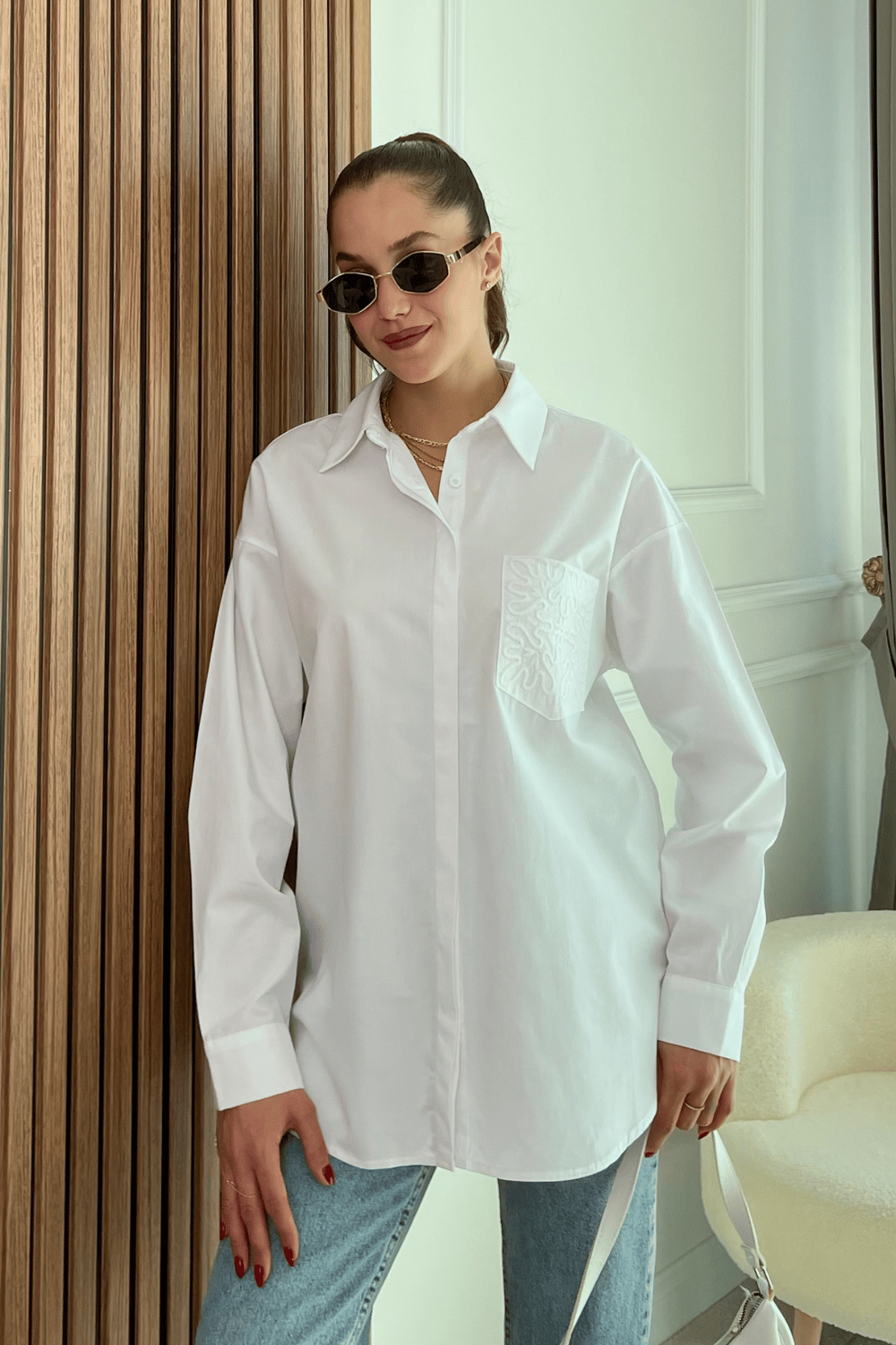 Nakışlı Oversize Gömlek - BEYAZ 