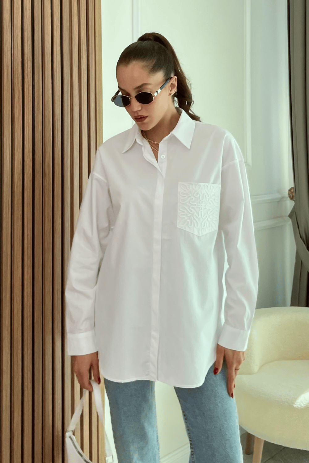 Nakışlı Oversize Gömlek - BEYAZ 