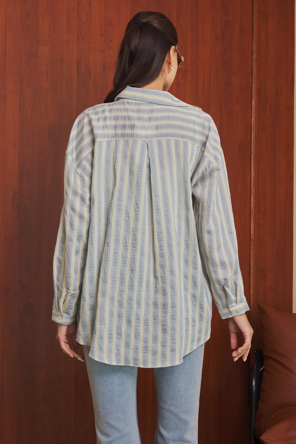 Oversize Çizgili Gömlek - KREM