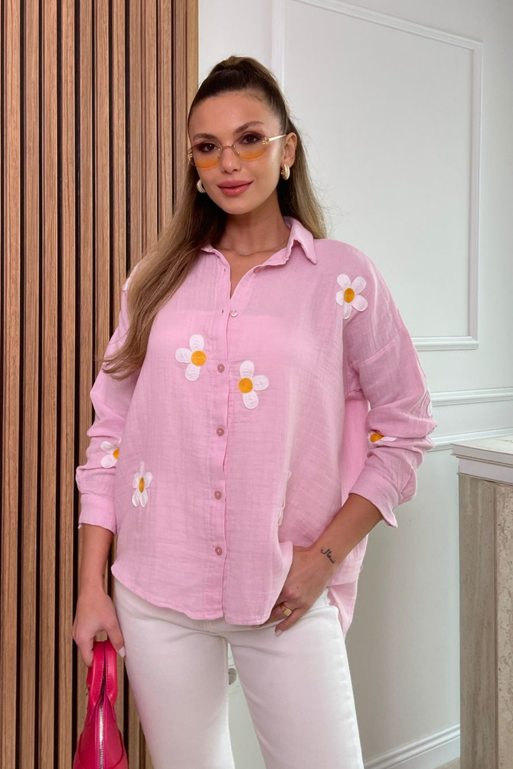 Papatyalı Müslin Gömlek - PEMBE