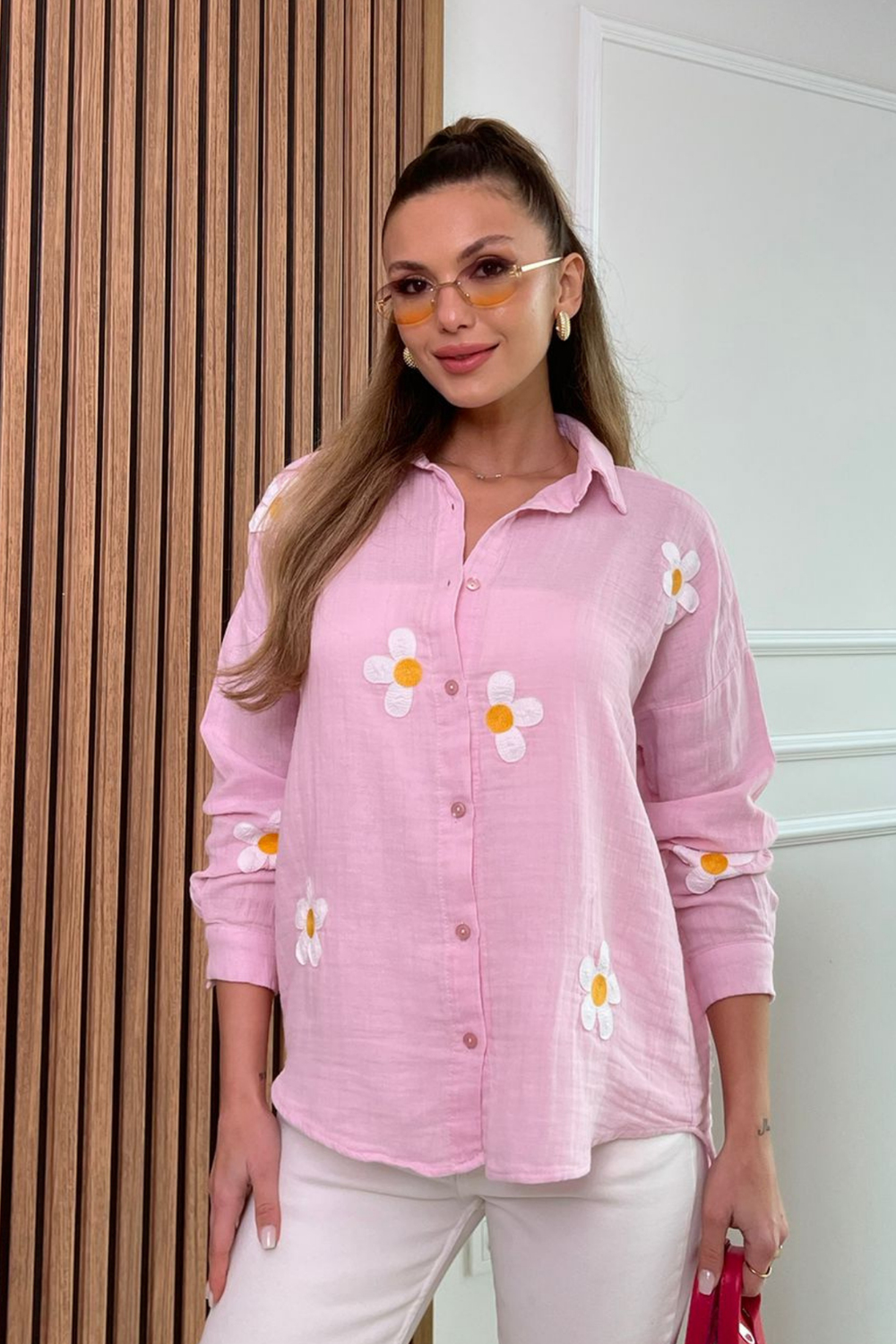 Papatyalı Müslin Gömlek - PEMBE