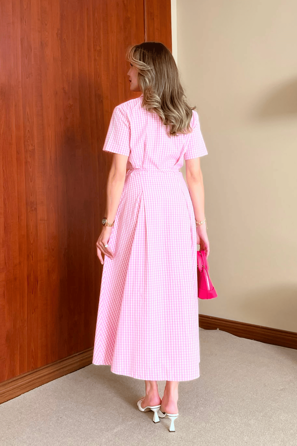 Pötikareli Gömlek Elbise - PEMBE