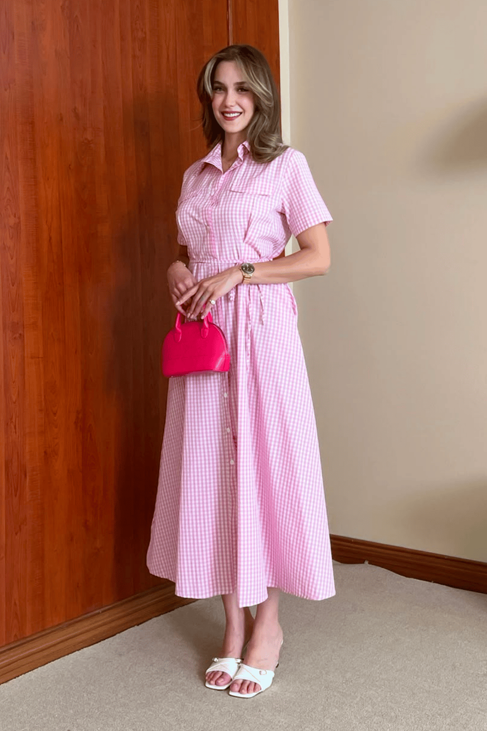 Pötikareli Gömlek Elbise - PEMBE