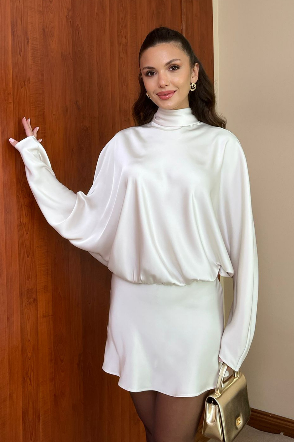 Saten Mini Elbise - KREM