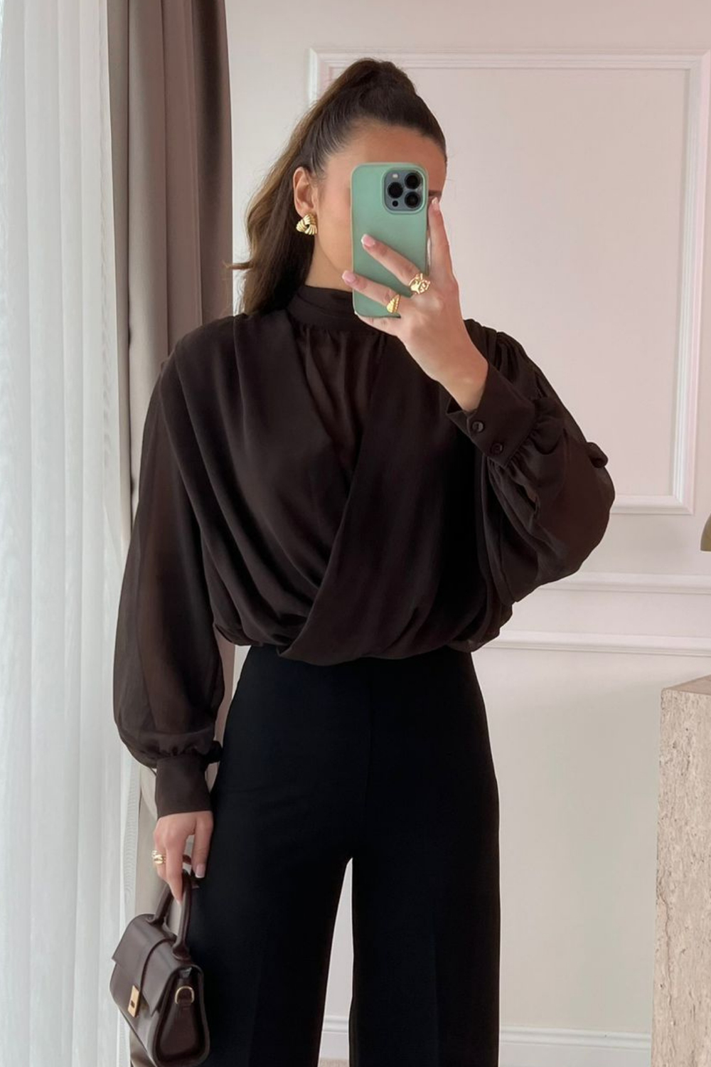 Şifon Crop Bluz - KAHVERENGİ