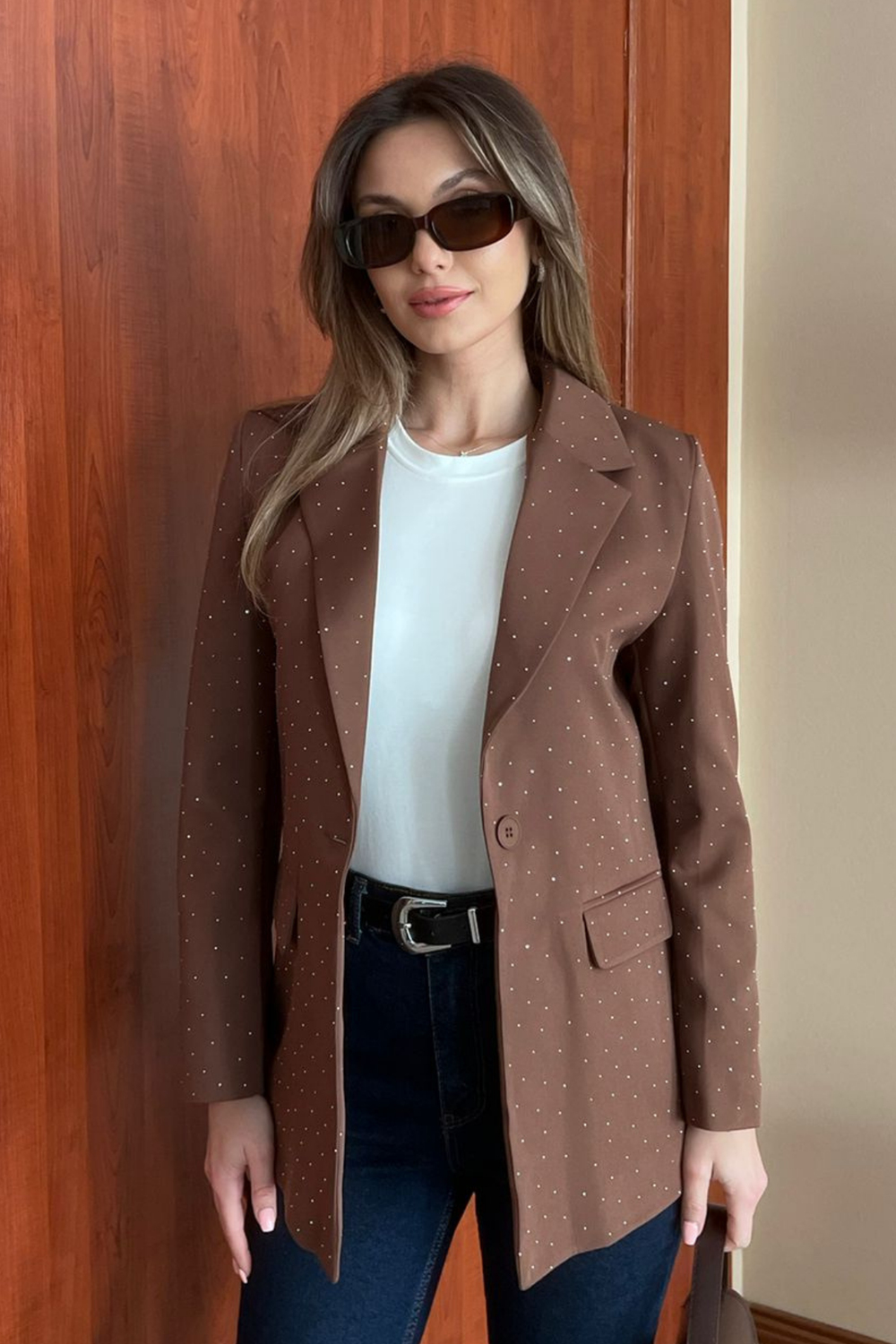 Taşlı Blazer Ceket - KAHVERENGİ
