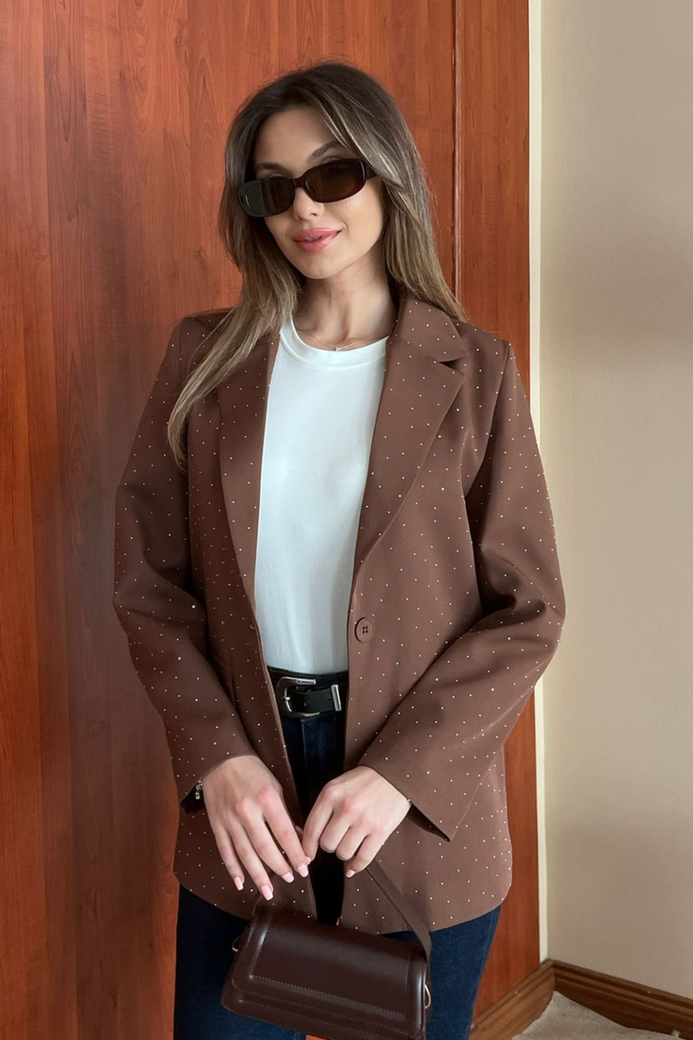 Taşlı Blazer Ceket - KAHVERENGİ