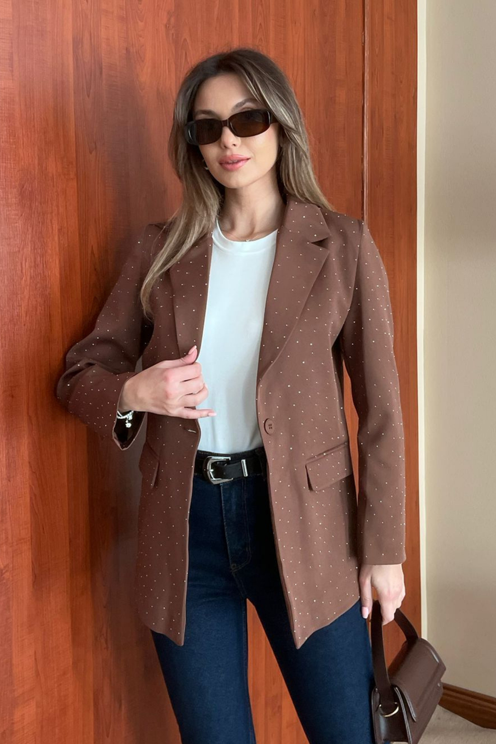 Taşlı Blazer Ceket - KAHVERENGİ