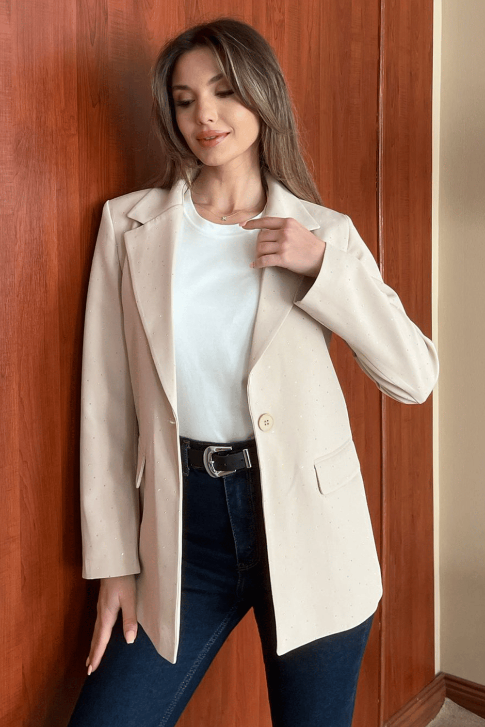 Taşlı Blazer Ceket - KREM