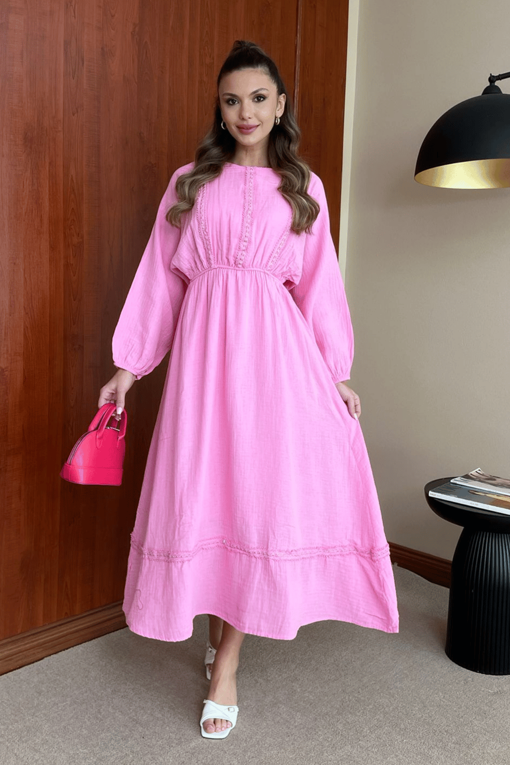 Taşlı Müslin Elbise - PEMBE