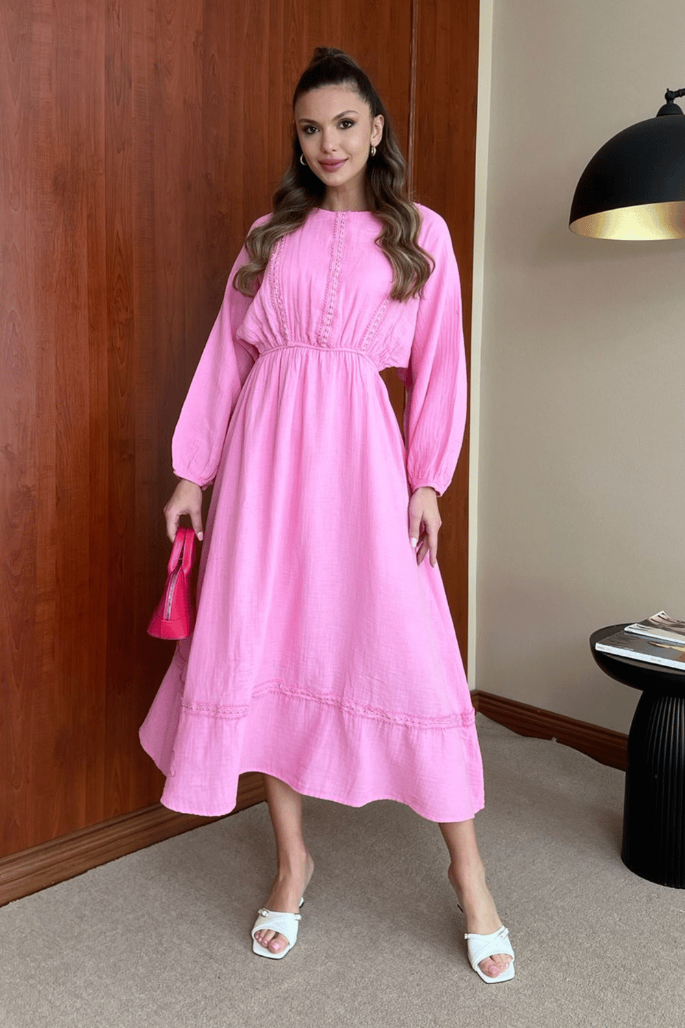 Taşlı Müslin Elbise - PEMBE