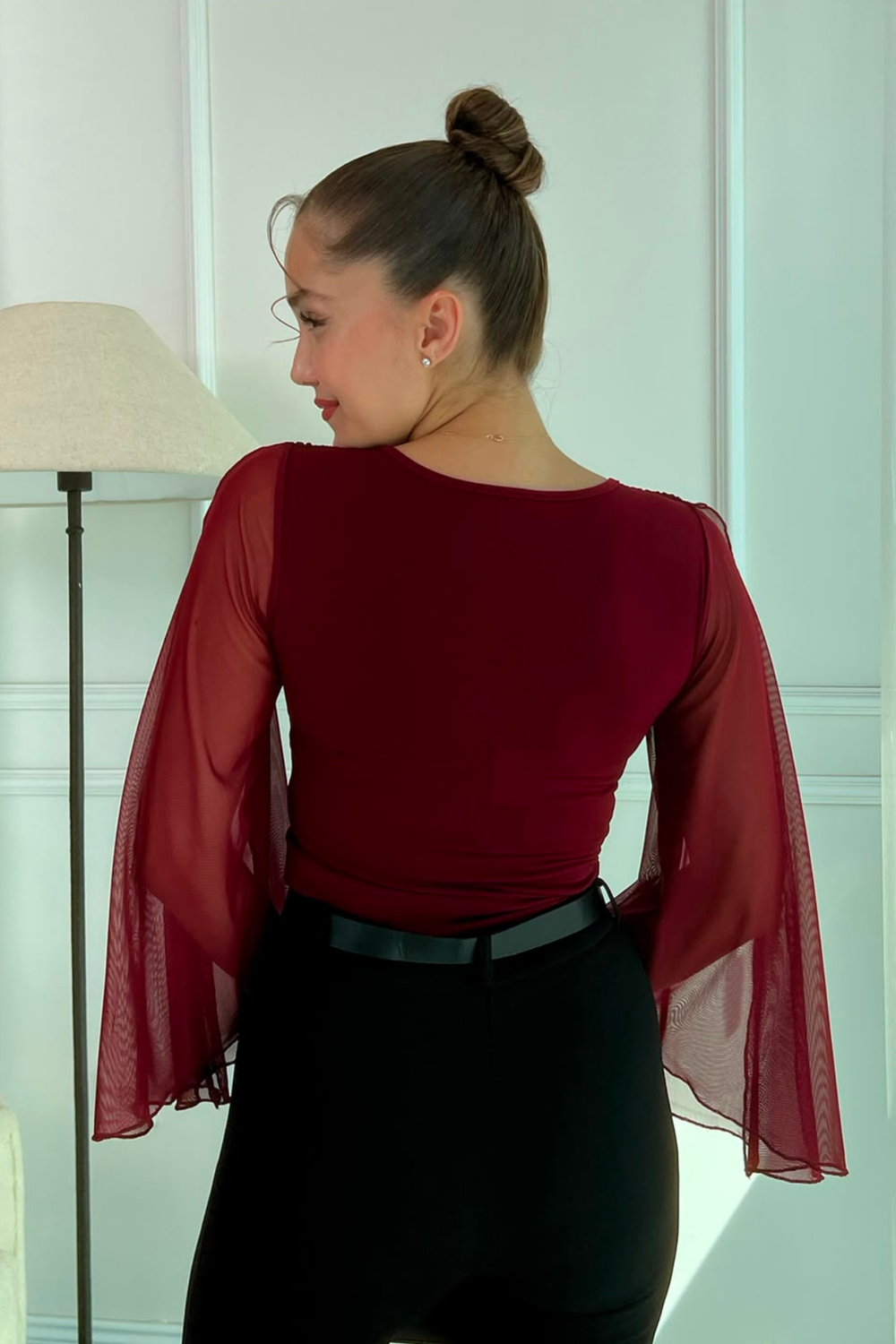 Tül Kollu Bluz - BORDO