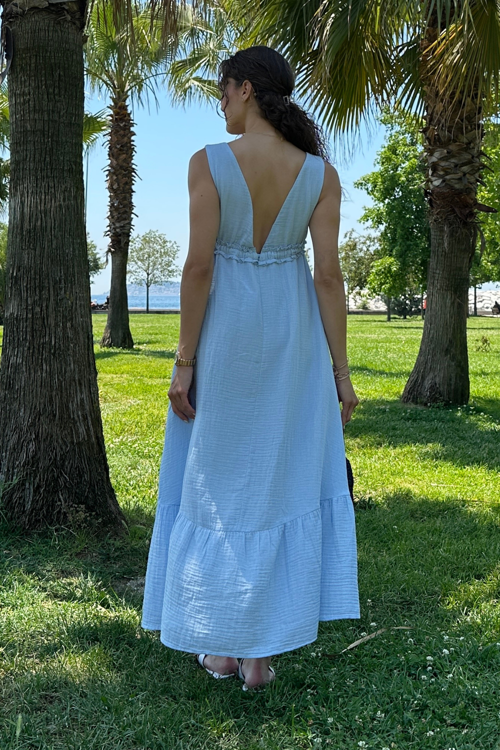 V Yaka Müslin Elbise - MAVİ