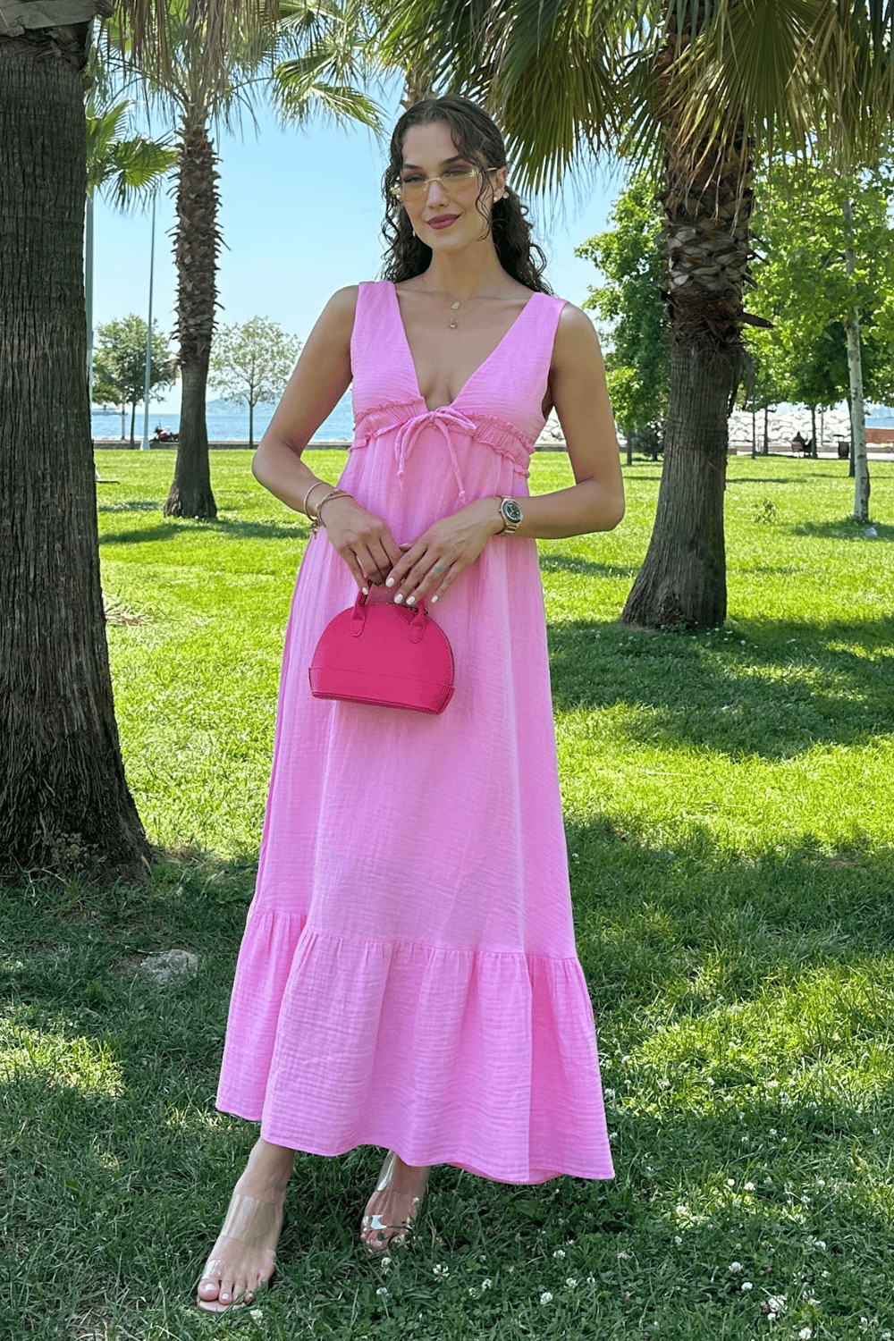 V Yaka Müslin Elbise - PEMBE
