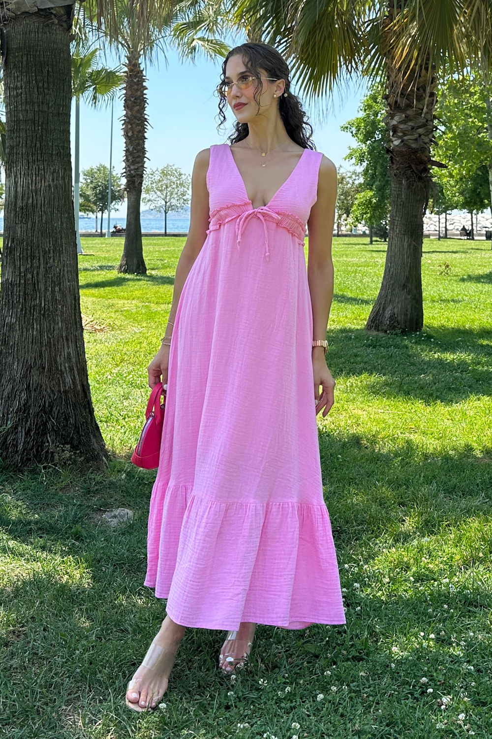 V Yaka Müslin Elbise - PEMBE