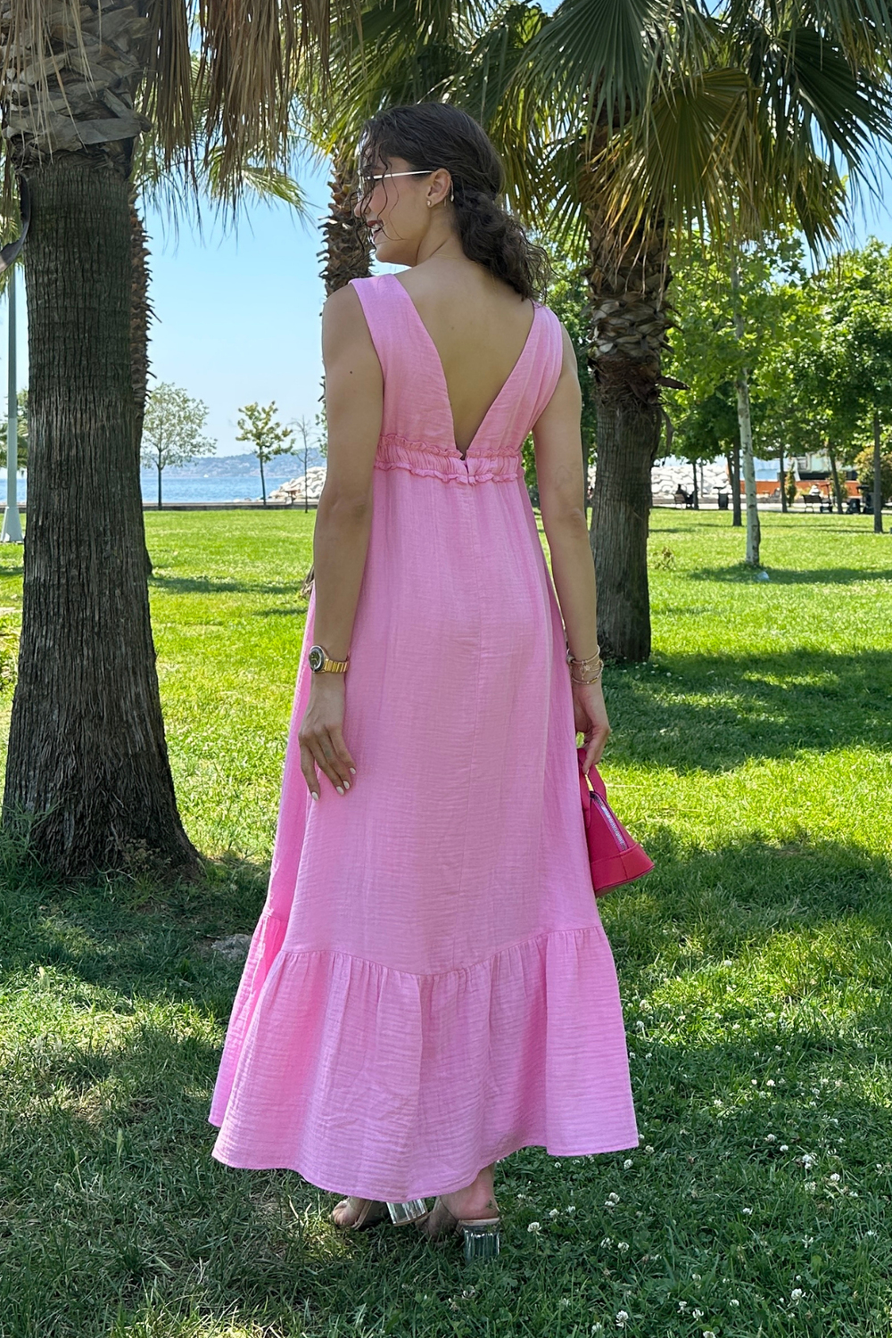 V Yaka Müslin Elbise - PEMBE