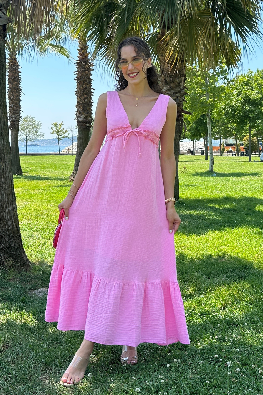 V Yaka Müslin Elbise - PEMBE