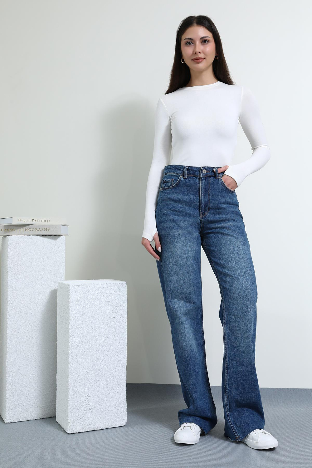 Yüksek Bel Denim Pantolon - MAVİ