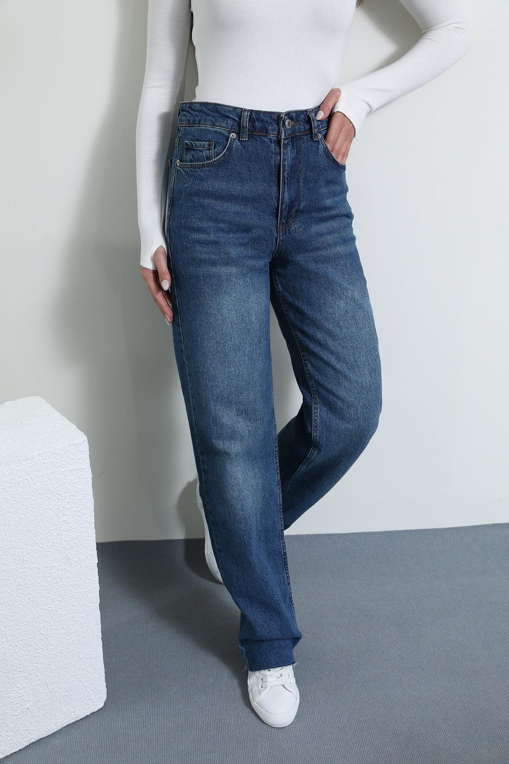 Yüksek Bel Denim Pantolon - MAVİ