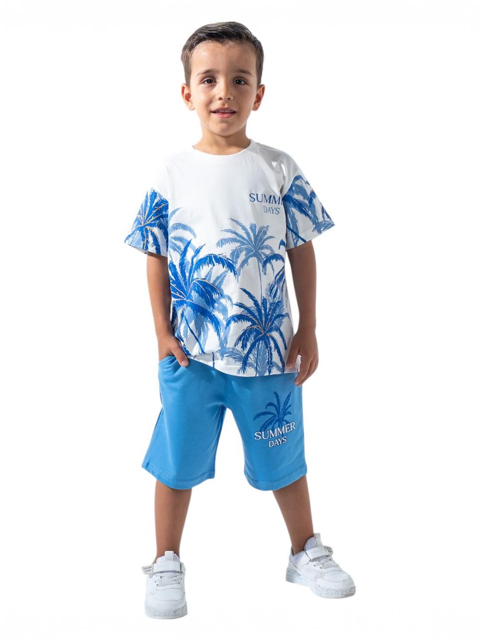 Summer Days Palmiye Desenli Erkek Çocuk Takım Mavi