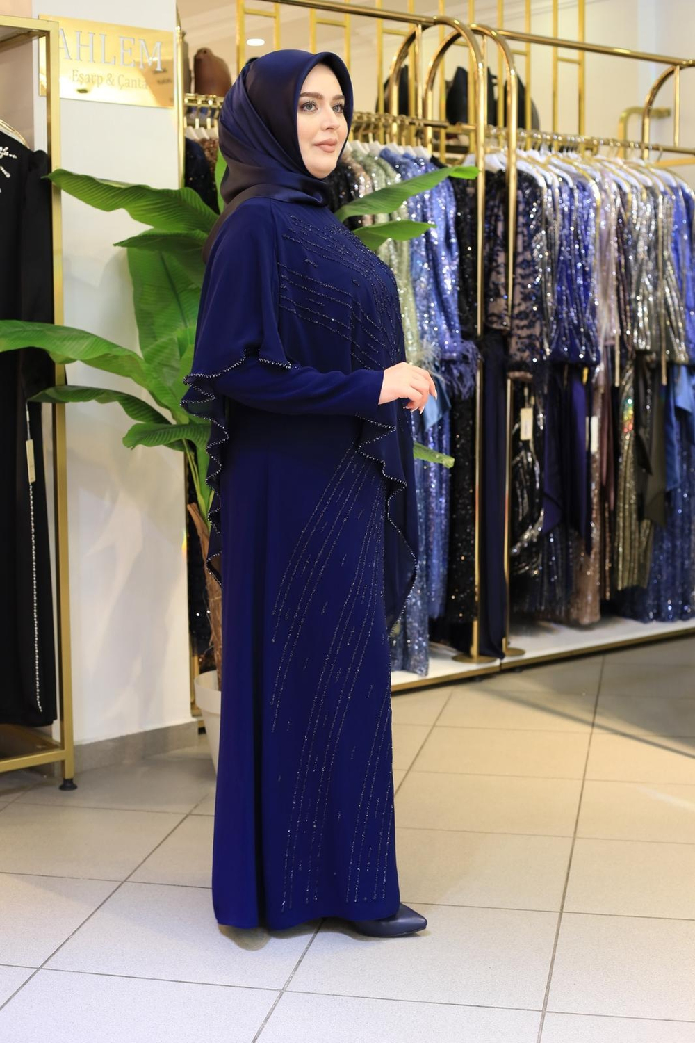 2601 CODE CHIFFON CAPE WITH STONE DETAILED DRESS