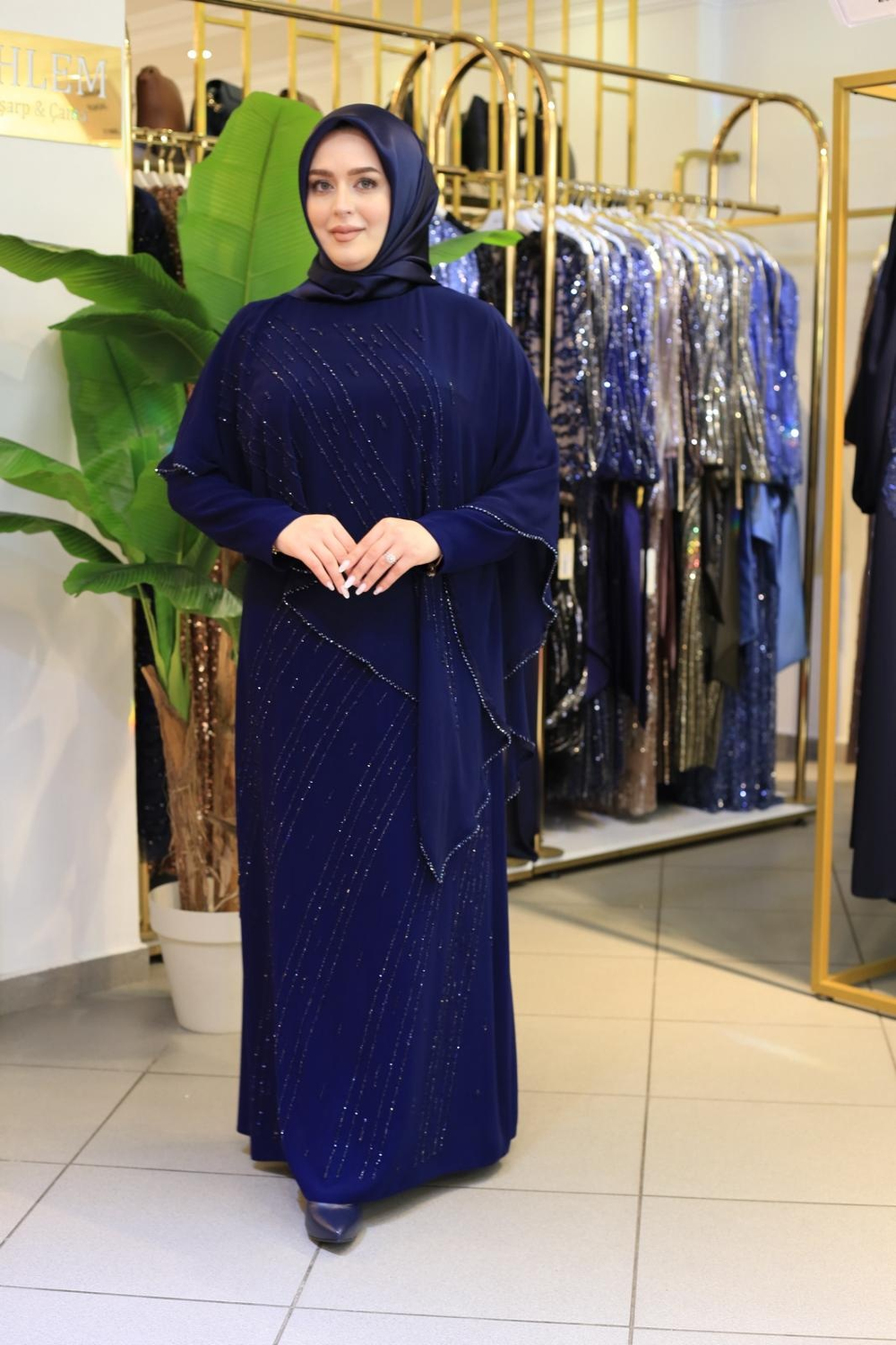 2601 CODE CHIFFON CAPE WITH STONE DETAILED DRESS