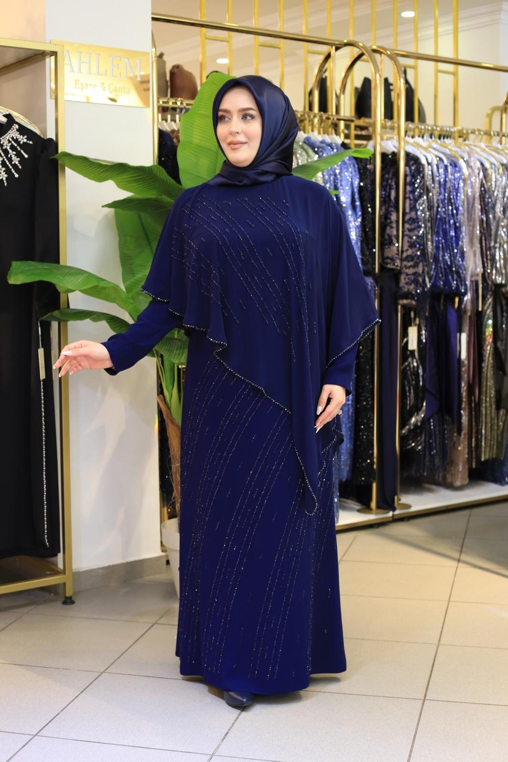2601 CODE CHIFFON CAPE WITH STONE DETAILED DRESS