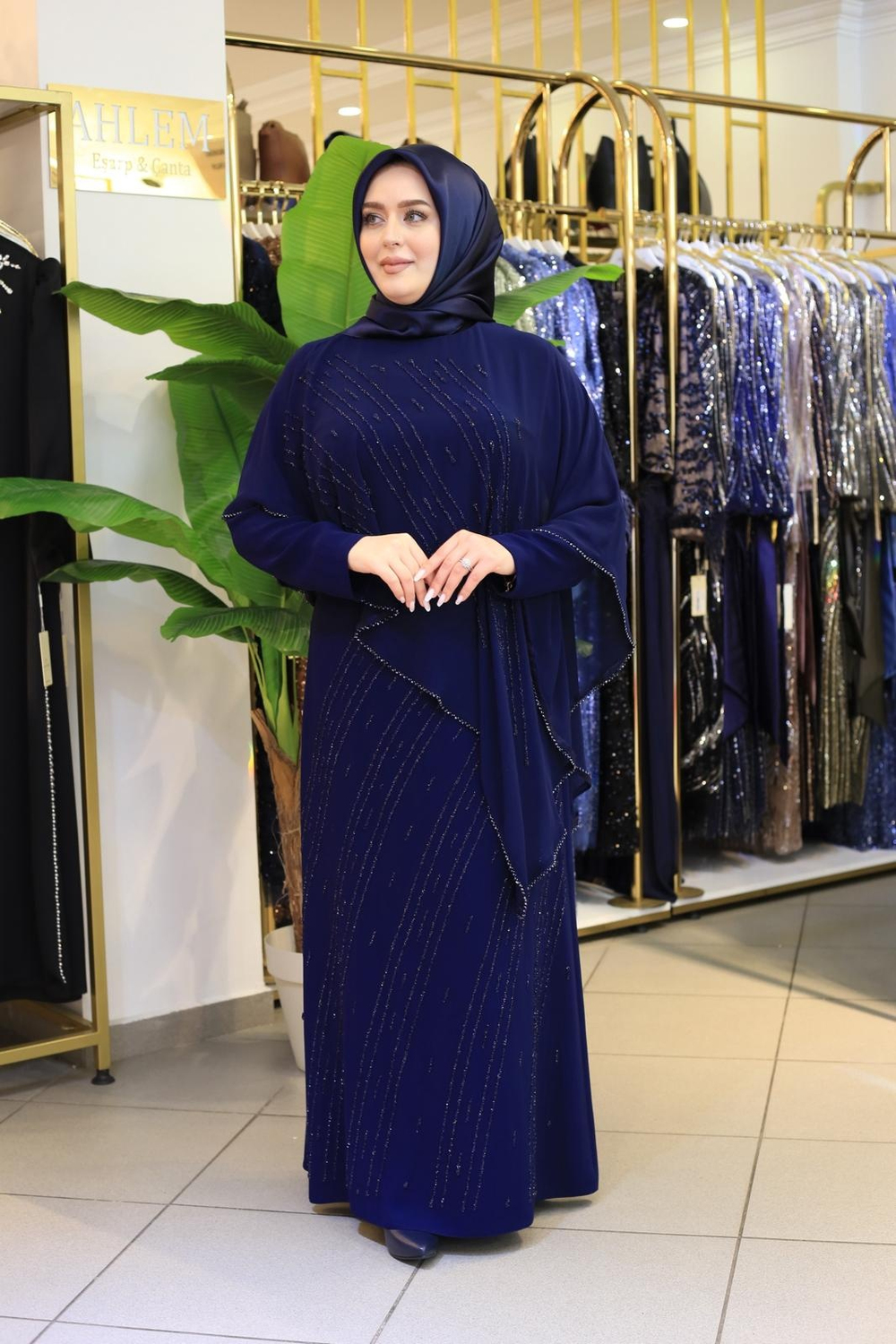2601 CODE CHIFFON CAPE WITH STONE DETAILED DRESS