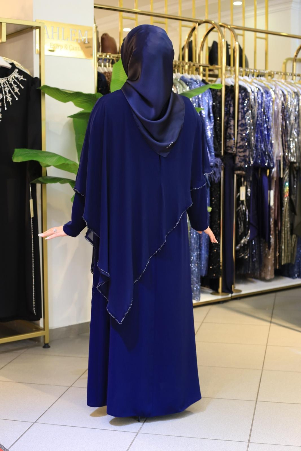 2601 CODE CHIFFON CAPE WITH STONE DETAILED DRESS