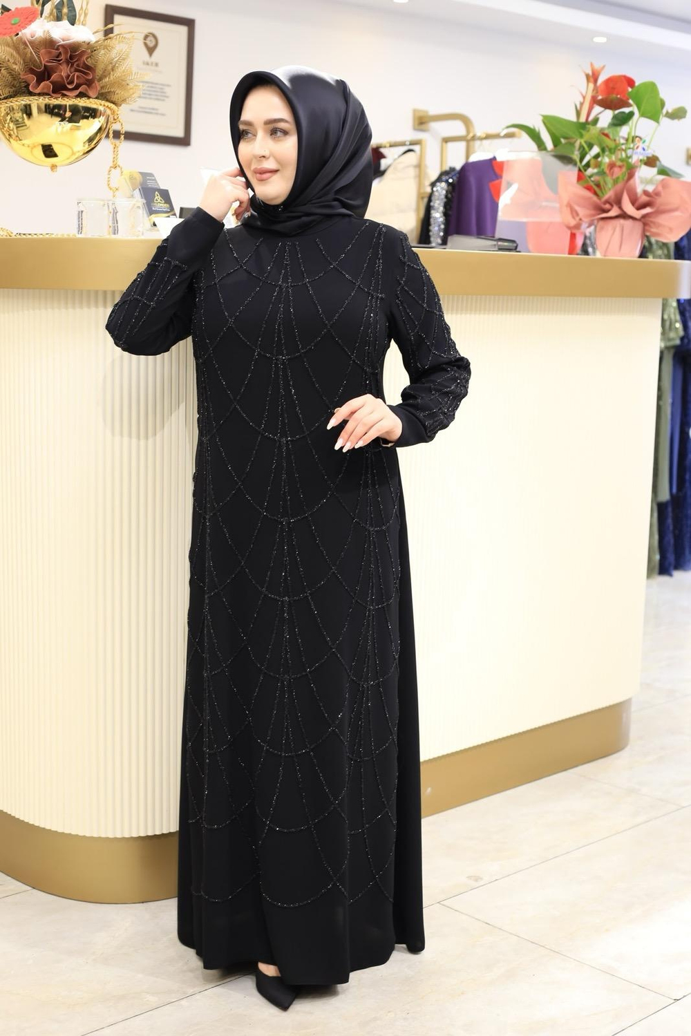 3415 CODE CREPE TAŞLI ELBİSE