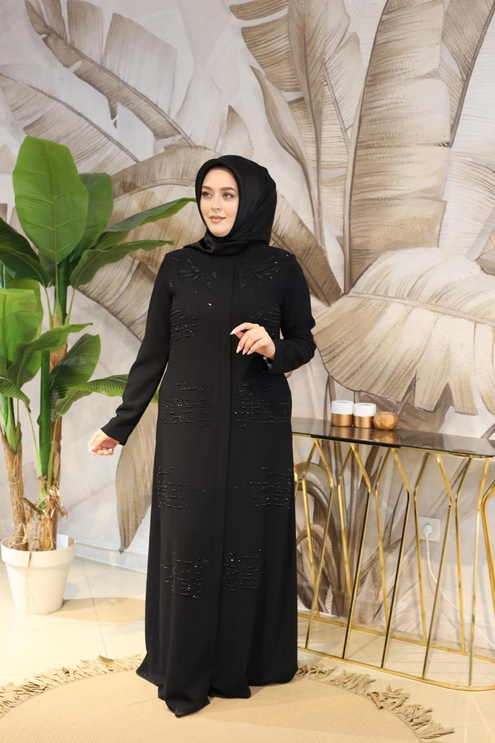 9306 CODE ABAYA BRODÉE DE PERLES DE FEUILLES