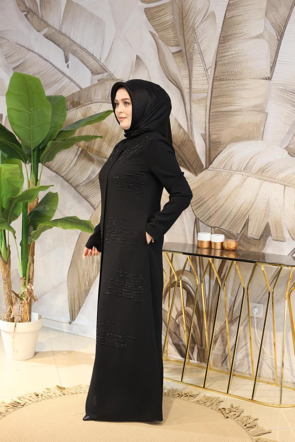 9306 CODE ABAYA BRODÉE DE PERLES DE FEUILLES