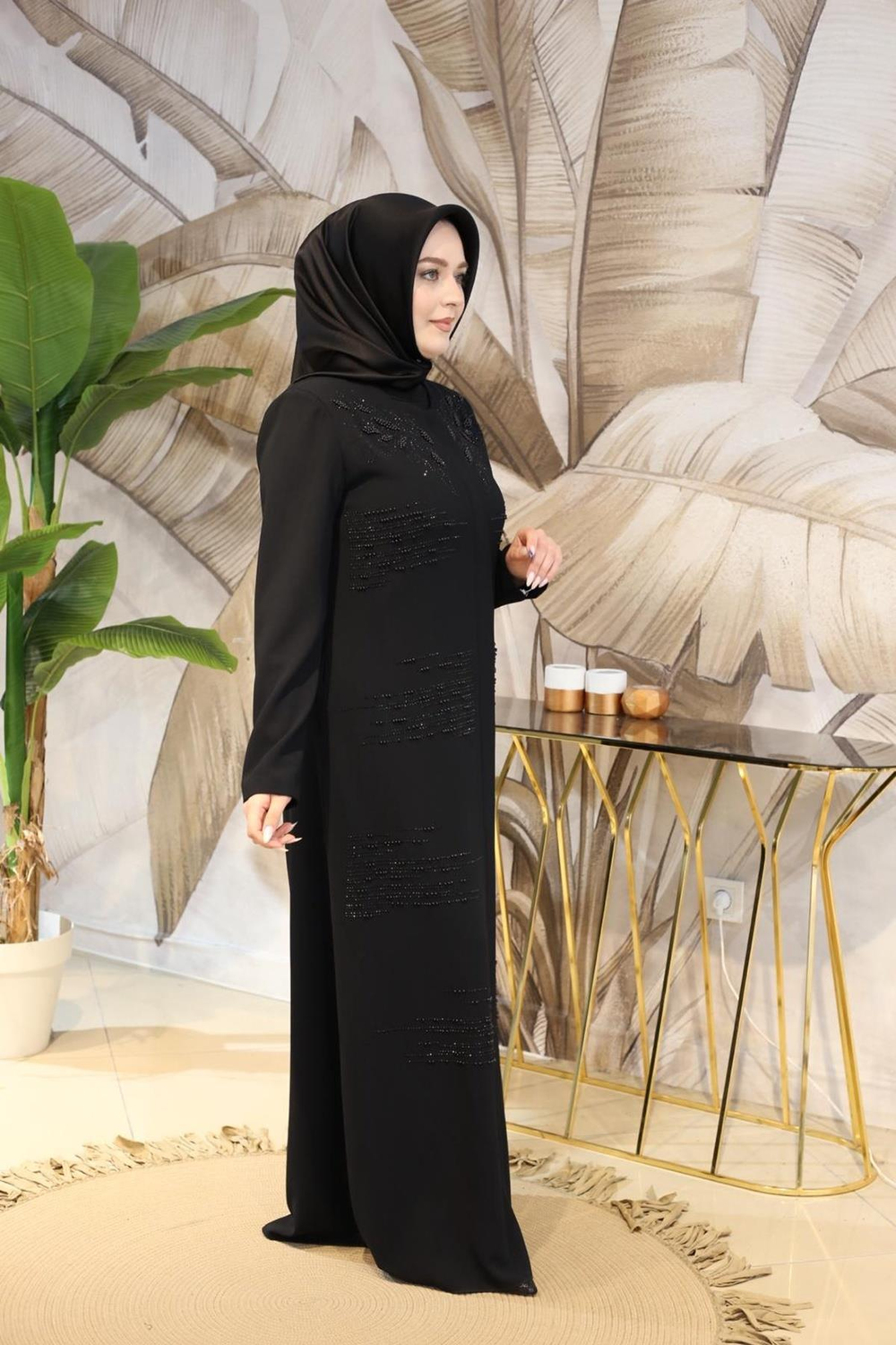 9306 CODE ABAYA BRODÉE DE PERLES DE FEUILLES