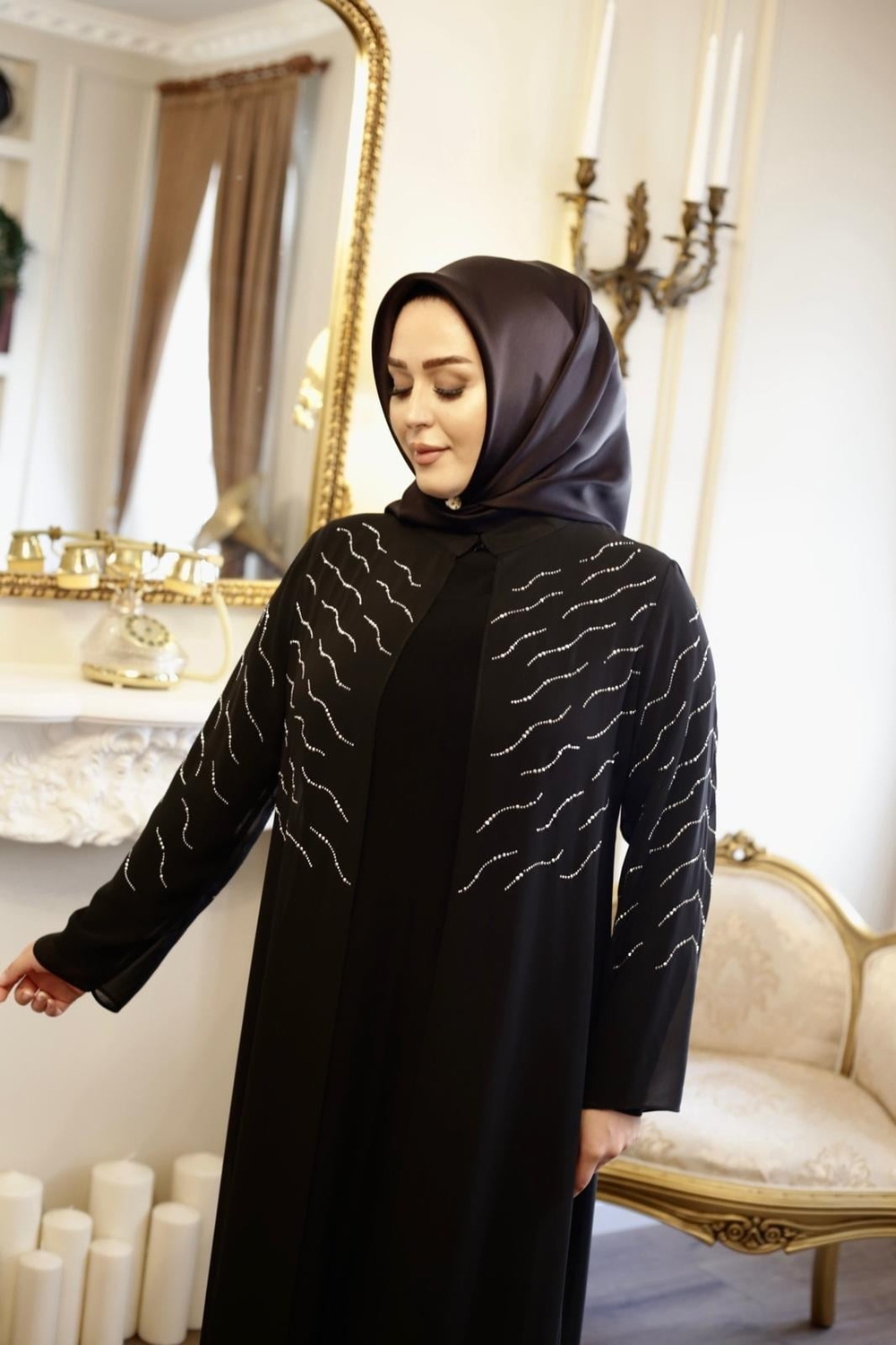 TAŞ BASKILI ŞİFON ABAYA TAKIM 7129 KOD