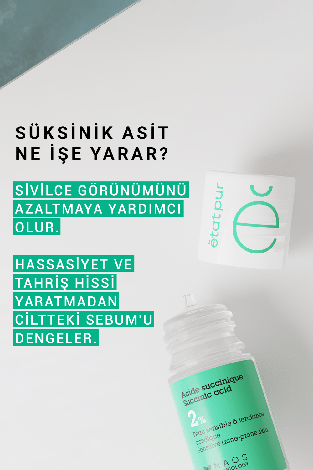 Pure Active Succinic Acid %2 Hassas, Akneli Ciltler Konsantre Bakım Serumu 15ML